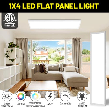 1x4 Led Flat Panel Light Surface Mount 2-Pack, 40W/4980LM, 5CCT 3000K/3800K/4500K/5200K/6000K Selectable, Flush Mount Ceiling Light for Kitchen, Garage, Hallway, Office, ETL - color: White, size: 1ft. X 4ft. (2-pack)