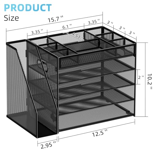 Marbrasse 5-Tier Desk Organizer with File Holder,Paper Letter Tray, Black | Desktop File Organizer with Adjustable Compartments,Mesh Desk Organizers and Accessories for Office Supplies - color: File Organizer With File Holder-b