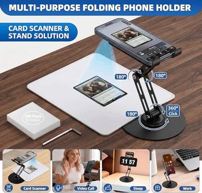 Card Scanner TCG, Foldable Trading Card Scanner Setup & Trading Card Stand - Carbon Steel Phone Mount for Quick Price Check, Includes Pad & 100PC Sleeves, Compatible with MTG