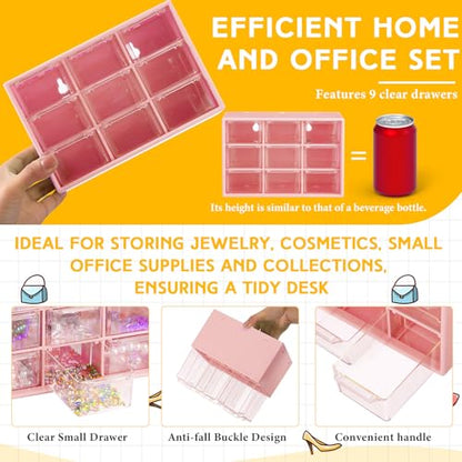Wenqik 2 Pcs Mini Storage Drawers with 9 Clear Drawers,Pink - color: Pink