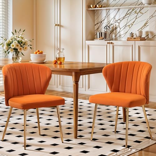 Velvet Dining Chairs Set of 2, Modern Upholstered Vanity Chairs with Golden Metal Legs for Dining Room Kitchen Vanity Patio (Orange) - color: Orange