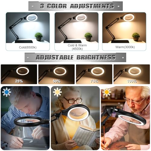 NZQXJXZ 10X 30X Large Magnifying Glass with Light and Stand, 5-inch LED Lighted Magnifier, 3 Color Modes Stepless Dimmable, Hands-Free Magnifying Glass Desk Lamp for Reading Craft Hobby Close Work