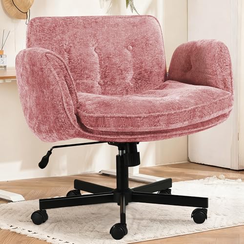 Criss Cross Chair with Wheels & Arms, Chenille Cross Legged Office Chair with 5-level Folding Armrest, Comfortable Adjustable Swivel Vanity Chair for Home, Make Up, Bed Room, Office, Accent (Pink) - color: Pink, style: Modern