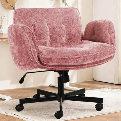 Criss Cross Chair with Wheels & Arms, Chenille Cross Legged Office Chair with 5-level Folding Armrest, Comfortable Adjustable Swivel Vanity Chair for Home, Make Up, Bed Room, Office, Accent (Pink) - color: Pink, style: Modern