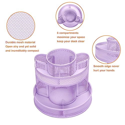 Annova Mesh Desk Organizer Rotate with 5 Compartments Round Spinning Tidy Candy/Pen Holder Desk Accessories Office, Art Supply, Storage, Classroom, Home (Light Purple) - color: Light Purple
