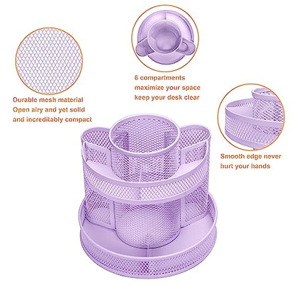Annova Mesh Desk Organizer Rotate with 5 Compartments Round Spinning Tidy Candy/Pen Holder Desk Accessories Office, Art Supply, Storage, Classroom, Home (Light Purple) - color: Light Purple
