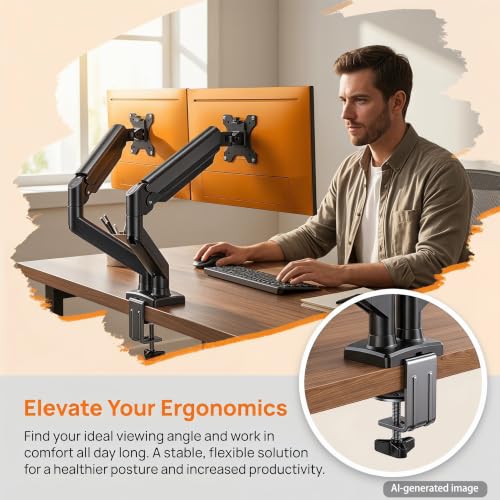 Dual Monitor Stand up to 32" Screen, Each Arm Holds Max 22 lbs, Monitor Arms for 2 Monitors with Gas Spring and Cable Management, Tilt/Swivel/Rotation, VESA Standard 75x75 & 100x100mm