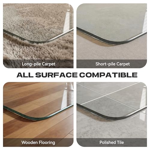Tempered Glass Chair Mat, 60" x 48" Heavy Duty Chair Mat Round Corner with Polished Edge, Clear Office Chair Mat for Office Home Hard Floor Carpeted, Transparent, Glides Smoothly, Easy Clean - size: 60" x 48"