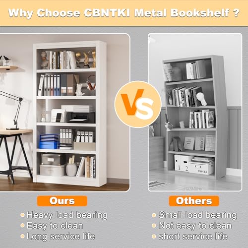 5 Tier Metal Bookcase,69'' Tall Heavy Duty Bookshelf with Open,White Large Adjustable Bookshelves,Sturdy Modern Heavy Duty Display Bookcases for Library,Office,Study Room,Living Room - color: White, size: 69" New