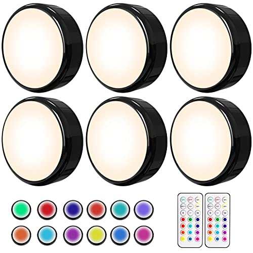 HELPLEX LED Puck Lights with Remote, 6 Pack Color Changing RGBW, Battery Powered, Dimmable Under Cabinet Lighting with Timer & Memory, Wireless Stick-On Lights, Black - color: Black, size: 6 Pack