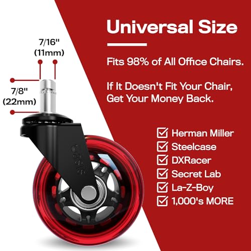 The Office Oasis Original Office Chair Wheels (As Seen On PBS), Red - color: Red