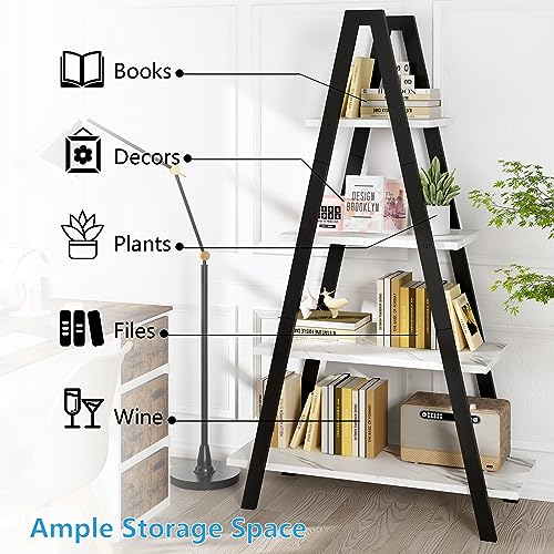 Recaceik 4-Tier A-Shaped Ladder Bookshelf, Industrial Faux Mable Bookcase with Metal Frame, Farmhouse Open Display Shelves for Living Room, Bedroom, Office - color: White