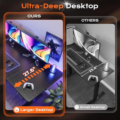 Huuger 63 x 28 Large Electric Standing Desk, Height Adjustable Computer Desk, 27.6" Deep Desktop, Stand up Gaming Office Table with 2 Hooks, 3 Preset Heights, for Home Office, Black - color: Black, size: 63*28 inch (no outlets)