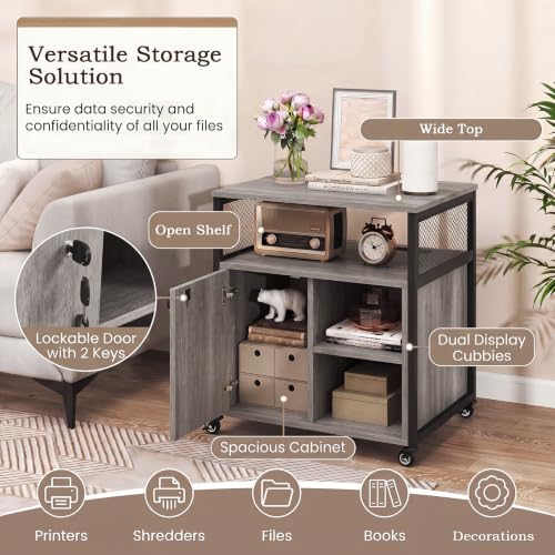 Rolling File Cabinet, Printer Stand with Charging Station (Grey) | Mobile Lateral Filing Cabinet | Adjustable Shelf & Metal Frame | Lockable Wheels | For Home Office & Small Space - color: Grey