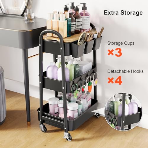 3 Tier Metal Heavy Duty Rolling Cart with Wheels & Wood Table Top, Black | Three-Tiered Organizer on Wheels, Storage Utility Cart for Craft, Art, Diaper Caddy, Baby Nursery, Office, Laundry,Snack,Book - color: Black