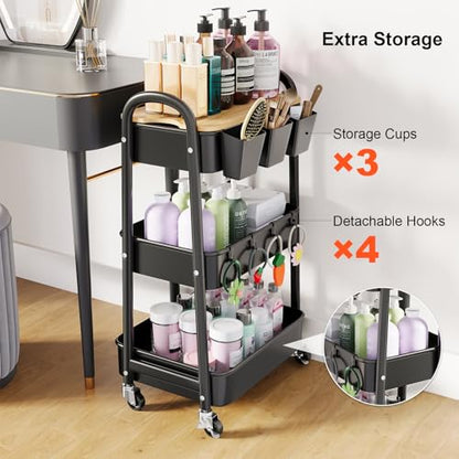 3 Tier Metal Heavy Duty Rolling Cart with Wheels & Wood Table Top, Black | Three-Tiered Organizer on Wheels, Storage Utility Cart for Craft, Art, Diaper Caddy, Baby Nursery, Office, Laundry,Snack,Book - color: Black