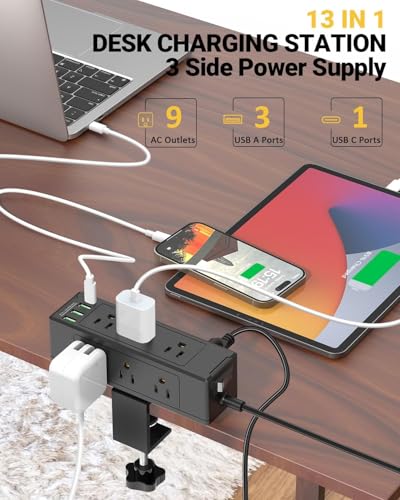 Desk Clamp Power Strip, Desktop Mount Charging Station with 9 Outlets 4 Smart USB Ports, 6.5Ft Under Desk Power Strip, Fits 1.6" Tabletop Edge, Extension Cord for Home Office, Black