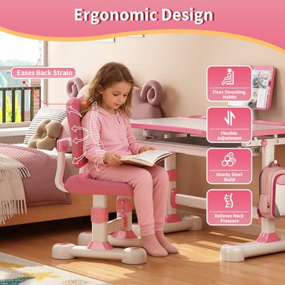Kids Adjustable Desk and Chair Set 3-12, Children School Study Desk-11PINK | Height Adjustable | 50° Tilt Desktop | Book Stand & Metal Hook & Storage Drawer | Writing Drawing Table for Boys and Girls - color: 110-pink-27.5in