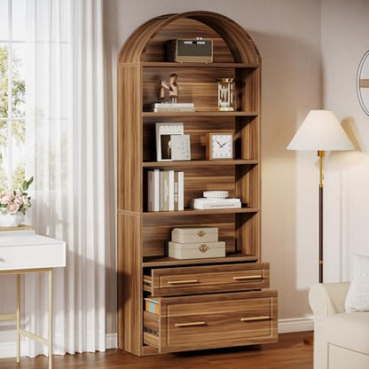 Tribesigns 76.8" Tall Arched Bookcase with File Cabinet Drawer, Brown - color: Walnut Brown