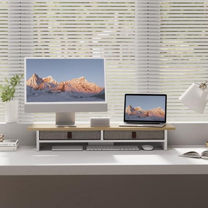 Fenge 35 Inch Monitor Stand with Drawer Storage, Computer Riser for Desk - color: Oak