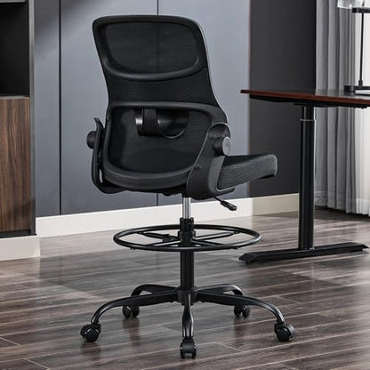 Armless Drafting Chair, Tall Office Chair for Standing Desks | A foot ring steadies legs through crafting and studio projects; breathable lumbar mesh and silent casters fit compact spaces. - color: Black-drafting
