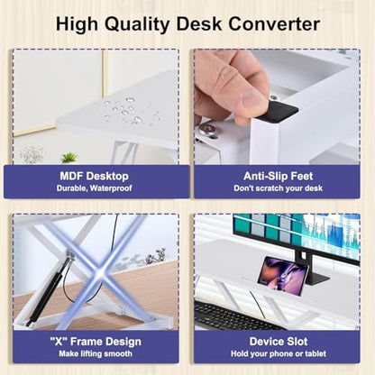 38-inch Standing Desk Converter Height Adjustable Sit to Stand Up Workstation, Duals Monitor and Laptop Riser with Wide Keyboard Tray, for Home, School, Company, White - color: White