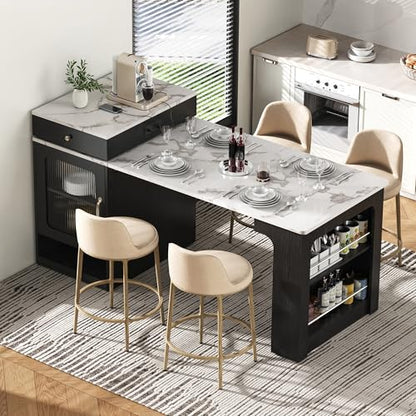 59.5 Inch Kitchen Island with Extendable Dining Table, Black | Black finish, MDF and particle board, kitchen or dining room, extendable table, 2 drawers, glass door, outlet, 59.5 in L - color: Black + Faux Marble Table + Particle Board+mdf
