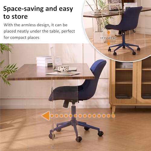YOUNIKE Faux Leather Office Chair Ergonomic Desk Chair Armless Navy Blue | Ergonomic Upholstered Rocking Back, Swivel with Wheels, Height Adjustable, Modern Task Chair For Computer Sewing Drafting - color: Navy Blue