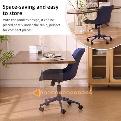 YOUNIKE Faux Leather Office Chair Ergonomic Desk Chair Armless Navy Blue | Ergonomic Upholstered Rocking Back, Swivel with Wheels, Height Adjustable, Modern Task Chair For Computer Sewing Drafting - color: Navy Blue