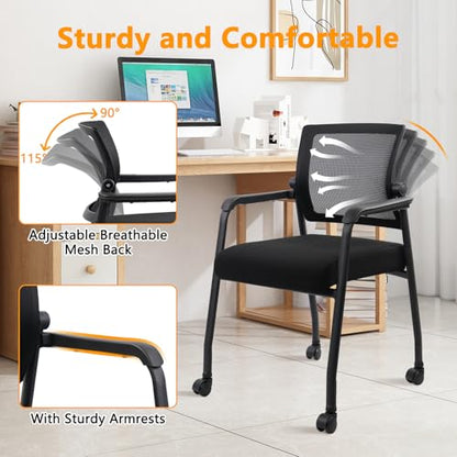 KLASIKA Waiting Room Office Reception Stackable Chairs with Wheels Ergonomic Mesh Back Home Desk Chair with Thick Cushion and Arm for Guest Conference Meeting Lobby Church Medical (1 PK) - color: Black, size: 1 PK