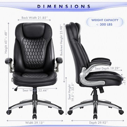 COLAMY Executive Office Chair-Ergonomic Computer Desk Chair, High Back Leather Chair with Padded Flip-up Arms, Swivel Home Office Chair, Black - color: Black, size: set of 1
