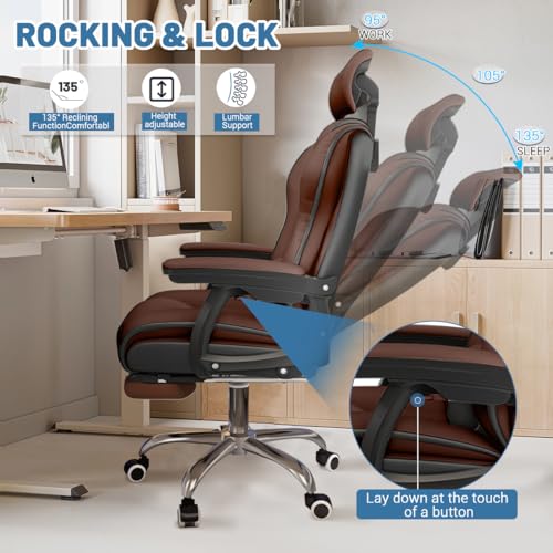 Executive Computer Chair Home Office Desk Chair,Adjustable Angle, Ergonomic Adjustable Height PU Leather Chairs with Cushions Armrest for Long Time Seating-High Office Chair with Footrest - color: Brown