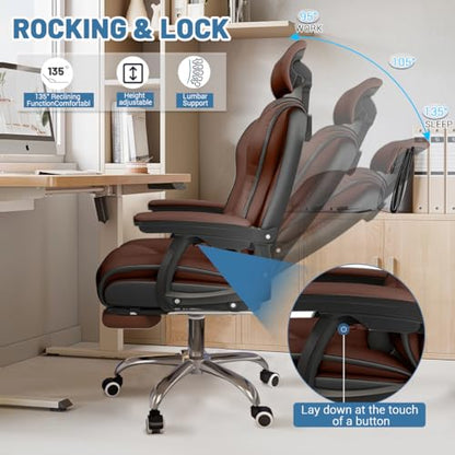 Executive Computer Chair Home Office Desk Chair,Adjustable Angle, Ergonomic Adjustable Height PU Leather Chairs with Cushions Armrest for Long Time Seating-High Office Chair with Footrest - color: Brown