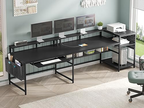 SEDETA L Shaped Gaming Desk, Reversible Computer Desk, Gaming Desk with Power Outlets & LED Strip, Monitor Shelf, Keyboard Tray, Pegboard and Storage Shelves for Home Office, Black - color: Black
