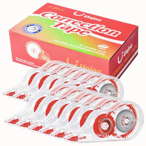 Unjoo White Correction Tape, For school, Office (12pack, 5M/196"x0.2", Red) | Easy To Use Applicator for Instant Corrections Wrong Writing At Any Time, Tear-Resistant Correction tape Bulk - color: Red