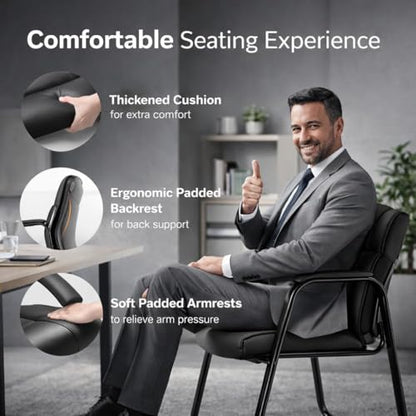Office Guest Chairs, PU Leather Padded Arms, Set of 6 | Waiting rooms, reception areas, conference rooms, clinics, metal frame, no wheels, high-density cushion, ergonomic backrest - color: Black, size: set of 6