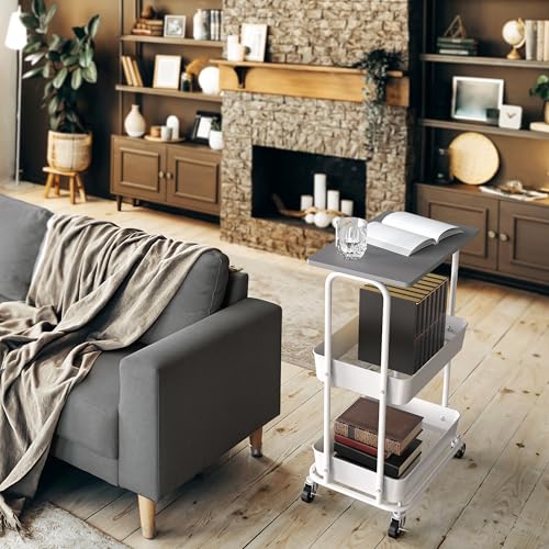 Simple Houseware 2-Tier Rolling Utility Cart Wood Top/Lockable Wheel, Gray | Metal Storage Organizer Trolley for Kitchen, Bathroom, Office, Craft Room - color: Grey