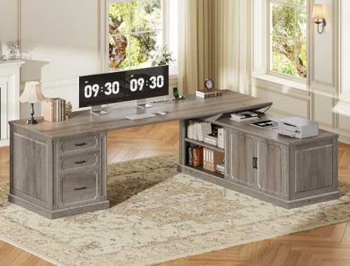 SEDETA Farmhouse L Shaped Desk with Drawers, 70.9" Home Office Desk with Storage Cabinet and Storage Shelves, L Shaped Computer Desk with Power Outlet，Gray - color: Grey, size: 70.9" L Shaped Desk