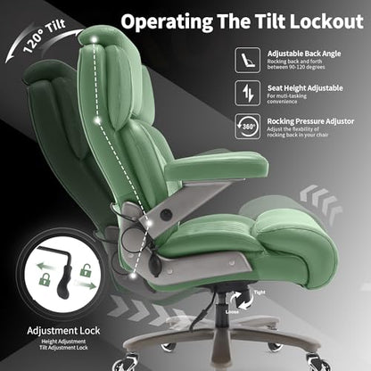 Big and Tall Office Chair 700lbs, Ergonomic High Back Computer Desk Chair | Adjustable Headrest&Lumbar Support, 3D Flip Arms, Large Wheels, Heavy Duty Metal Base, Thick Padded Wide Seat Executive Chair - color: Green