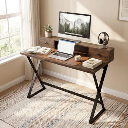Manora Computer Desk with Drawers and Monitor Stand, 47" Home Office Desk with Storage Shelf, Rustic Brown Writing Study Table with Metal Frame for Bedroom, Workstation for Laptop PC