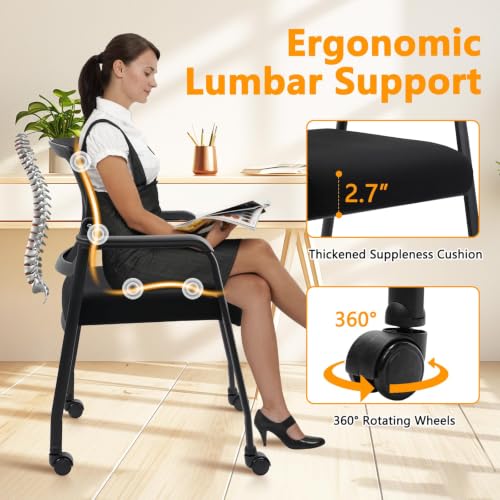 Waiting Room Chairs with Wheels, Adjustable Mesh Backrest, Desk Chair with Ergonomic Lumbar Support and Thickened Seats Cushion, 2 Pack Black - color: Adjustable Back+wheels, size: 2 Pack
