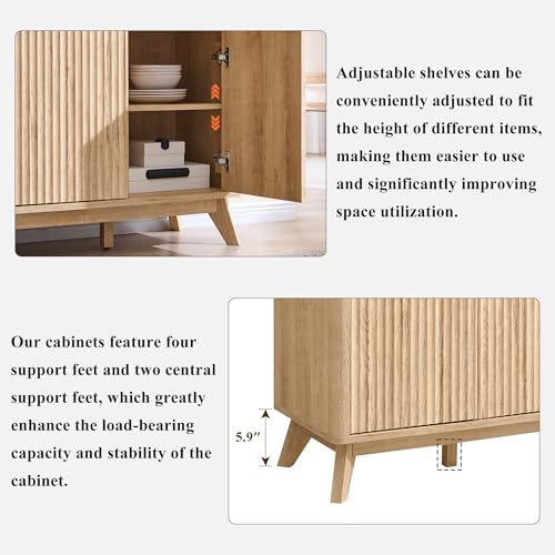 T4TREAM 60 Inch Fluted Buffet Sideboard Cabinet, Natural Oak | Modern Coffee Bar Storage Cabinet With 3 Drawers, for Dining Room, Living Room, Hallway, Oak Wood Grain, Adjustable shelves - color: Natural Oak