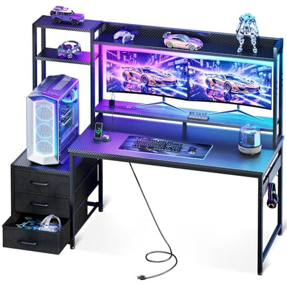 Casaottima 55 Inch Gaming Desk with Hutch & LED Lights & PC Tower Stand | Reversible PC Desk with 3 Fabric Drawers & Power Outlets, Computer Desk with Shelves for Display, Carbon Fiber Black - size: 55 inch