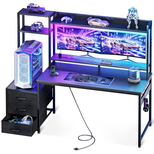 Casaottima 55 Inch Gaming Desk with Hutch & LED Lights & PC Tower Stand | Reversible PC Desk with 3 Fabric Drawers & Power Outlets, Computer Desk with Shelves for Display, Carbon Fiber Black - size: 55 inch