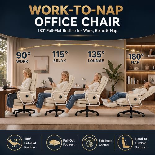 180° Reclining Office Chair with Footrest, PU Leather, Beige - color: Beige