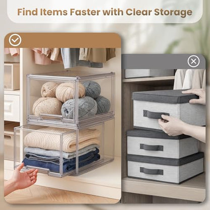 Large Clear Stackable Storage Drawers, 1 Pack Acrylic Organizer Bins for Closet, Bathroom, Kitchen, Pantry, Under Sink, Office, Laundry, Vanity, and Toy Organization, Durable Plastic, Smooth Pull-Out