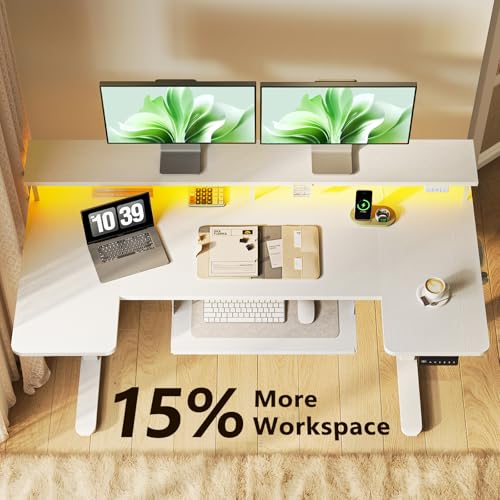 OffiGo 55 Inch U Shaped Electric Standing Desk with Keyboard Tray, White - color: White, size: 55 Inch