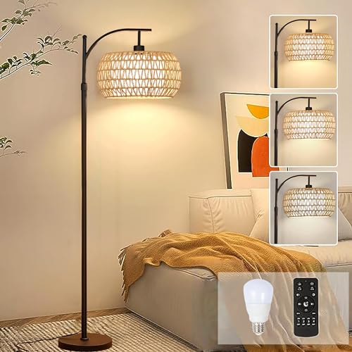 Arc Floor Lamps for Living Room Rattan Boho Floor Lamp with Remote Control,Dimmable LED Floor Lamp Wicker Lamp Shades Black Standing Lamp with 3 Color Temperature Tall Floor Lamps For Bedroom Corner - color: Yellow, size: 12 inch