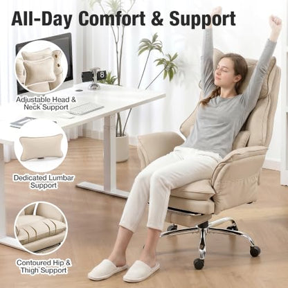 Executive Leather Criss Cross Office Chair with Foot Rest &Flip Arms | Big and Tall 155° Reclining Desk Chair with Wide Seat for Cross Legged Sitting for Home Office, PU Leather, 400LBS - color: Khaki