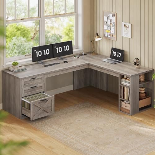 SEDETA 67" Farmhouse Executive L Shaped Desk with 3 Drawers - color: Grey, size: L Shaped Desk (67")